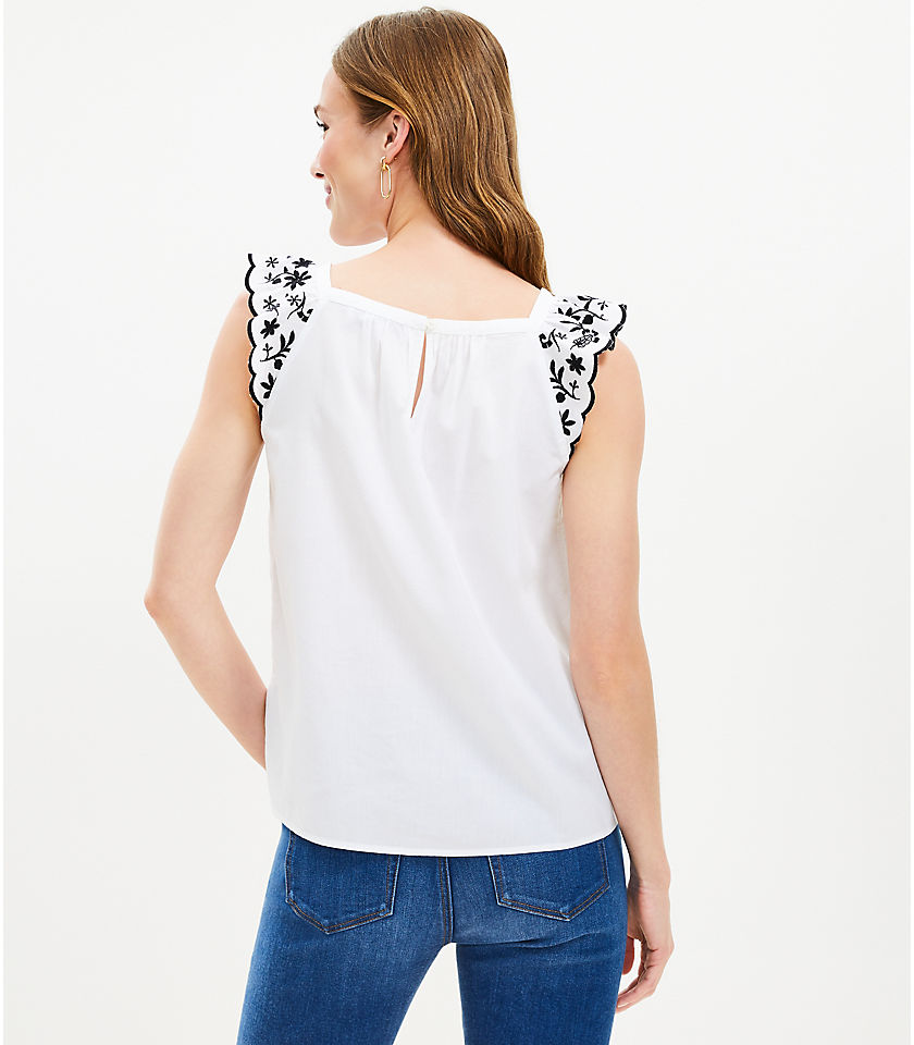 Embroidered Flutter Square Neck Shell