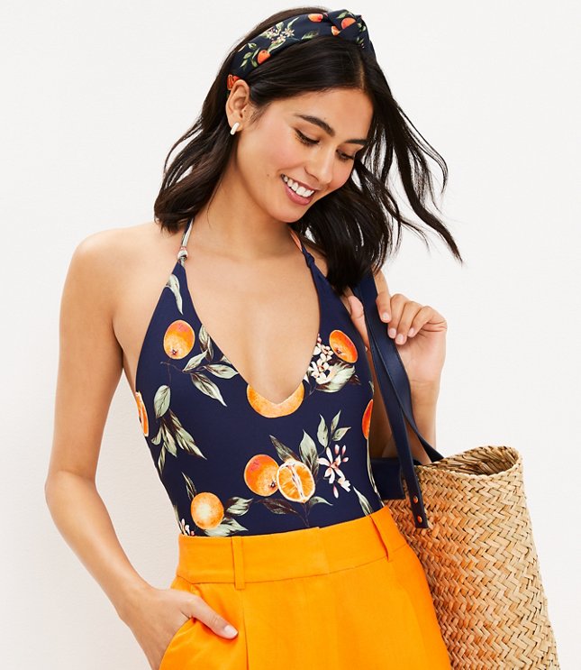 LOFT Beach Orange Harvest Plunge One Piece Swimsuit
