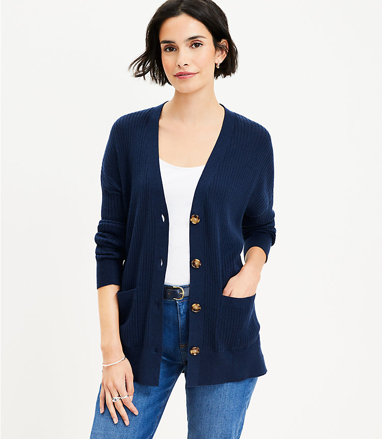 Ribbed Relaxed V-Neck Pocket Cardigan image number null