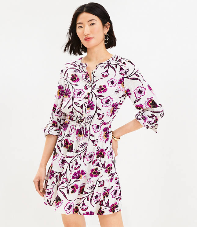 Botanical Tab Sleeve Button Flounce Dress