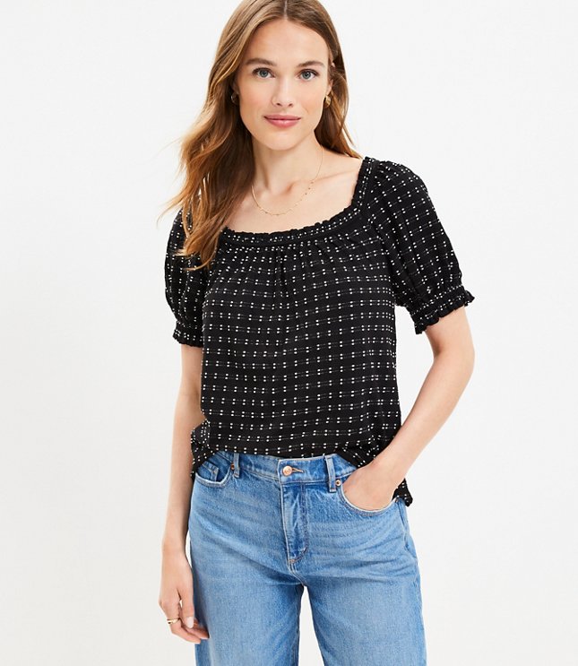 Dotted Puff Sleeve Square Neck Top