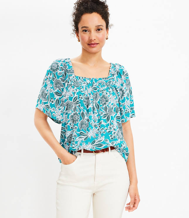 Petite Paisley Ruffle Yoke Tie Neck Top