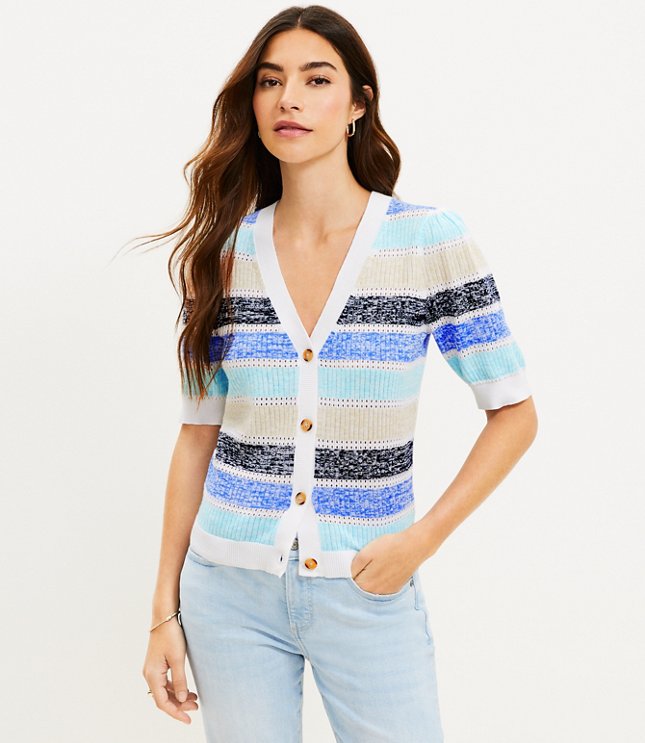 Striped Pointelle Puff Sleeve V-Neck Cardigan Top