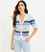 Striped Pointelle Puff Sleeve V-Neck Cardigan Top carousel Product Image 1