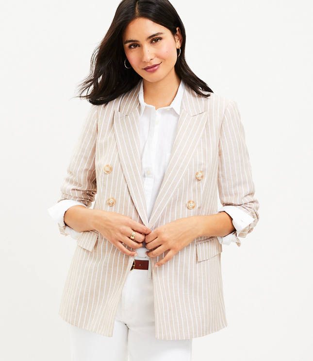 Petite Striped Linen Blend Double Breasted Blazer