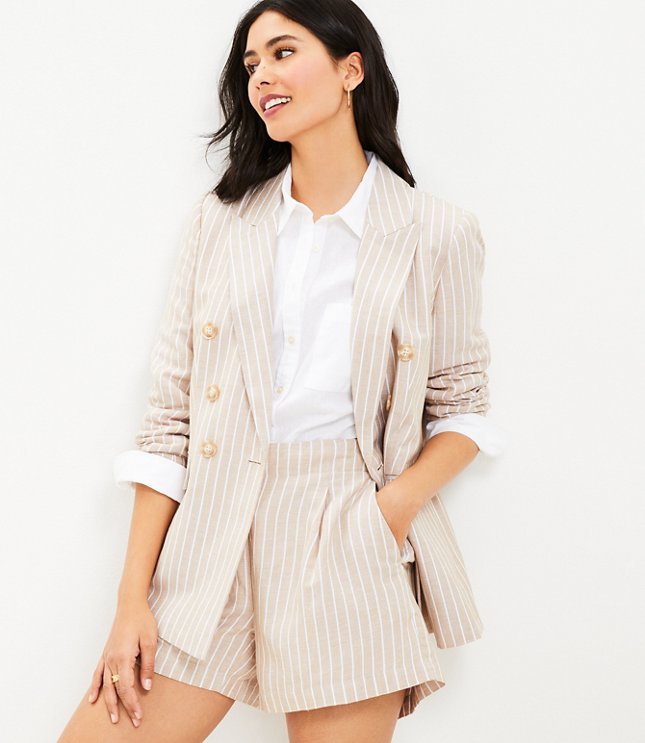 Petite Striped Linen Blend Double Breasted Blazer