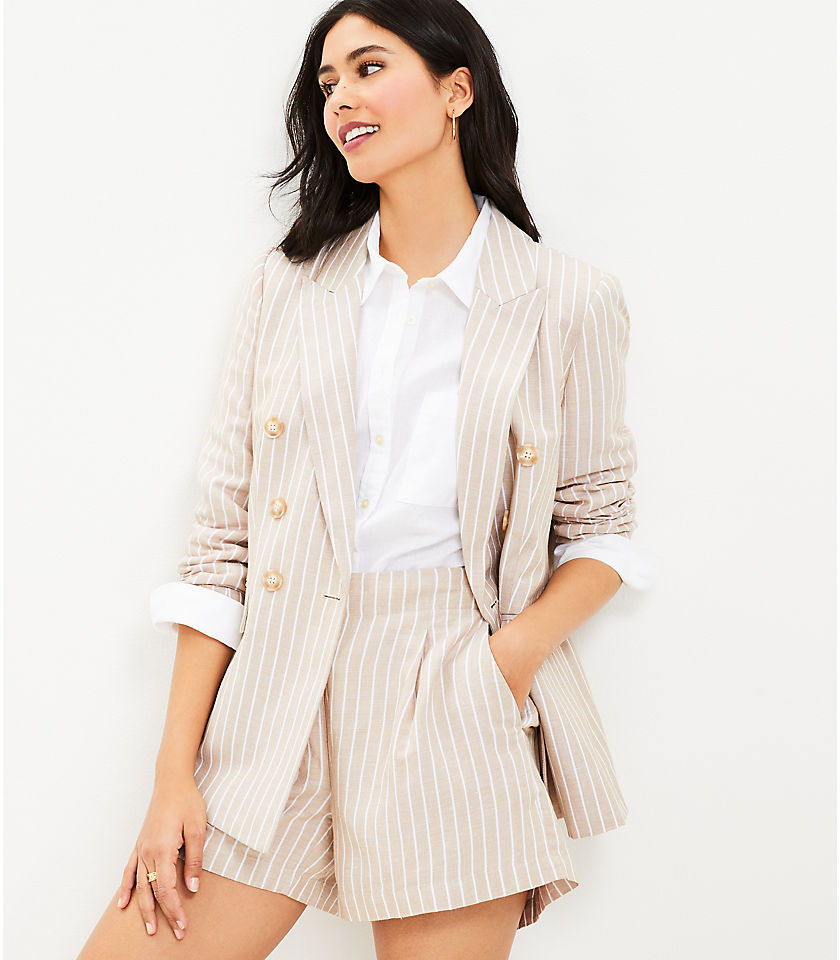 Petite Striped Linen Blend Double Breasted Blazer