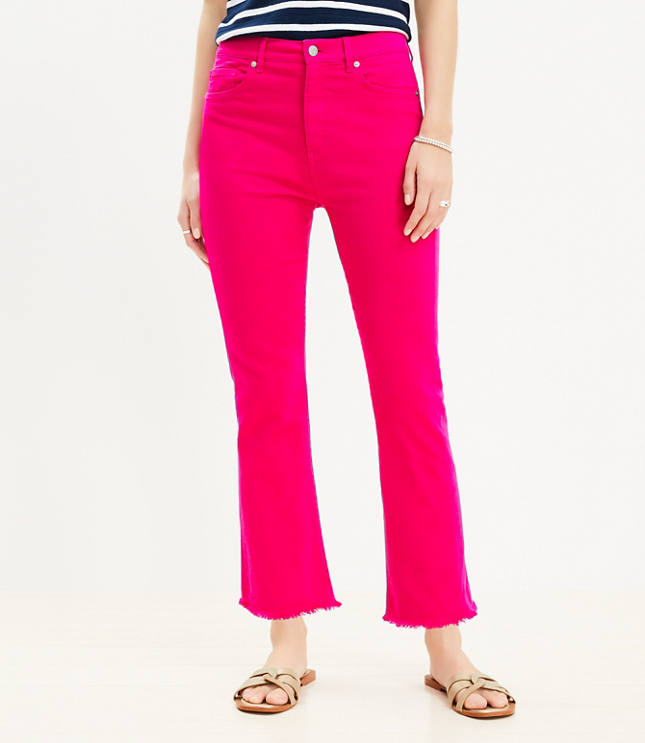 Curvy Frayed High Rise Kick Crop Jeans in Radiant Fuchsia