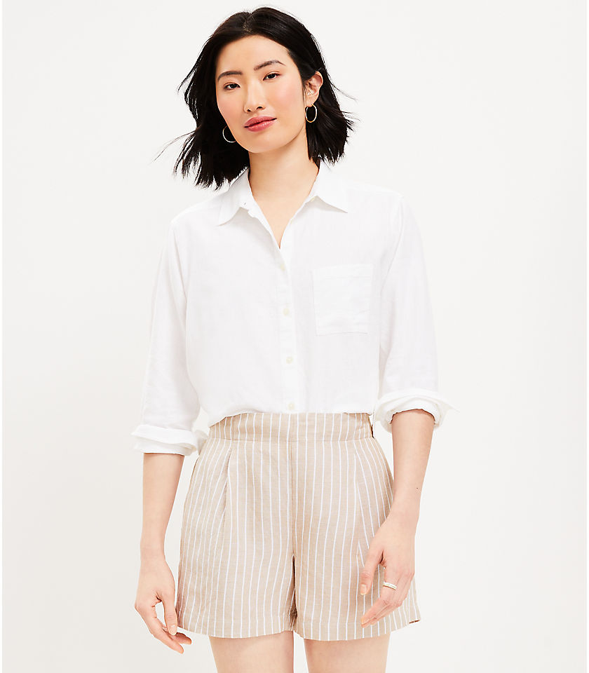 Petite Pleated Pull On Shorts in Striped Linen Blend