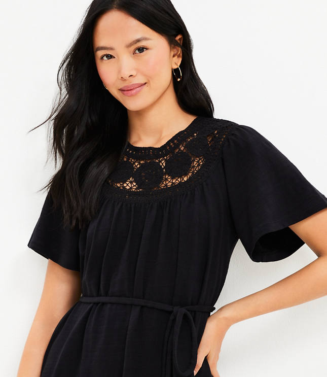 Petite Crochet Neck Flutter Sleeve Swing Dress