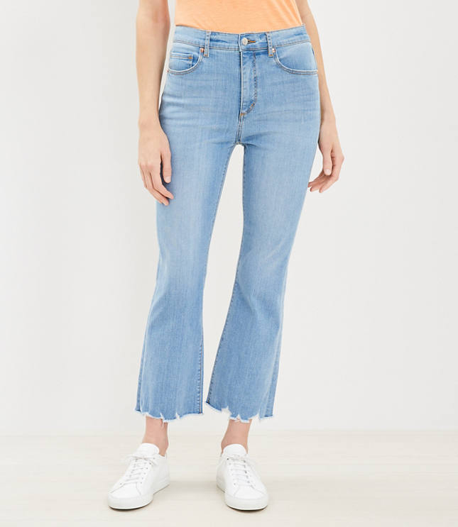 Petite Chewed Hem High Rise Kick Crop Jeans in Pure Light Indigo Wash