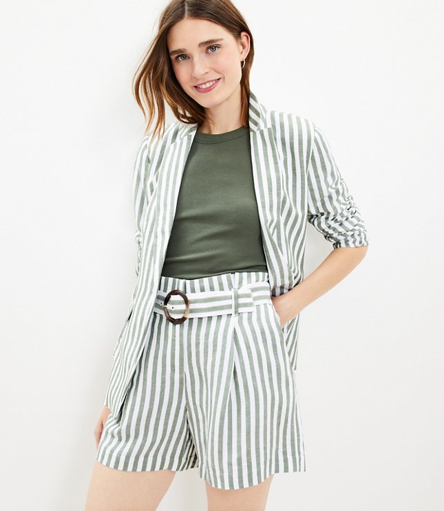 Petite Belted Shorts in Striped Linen Blend