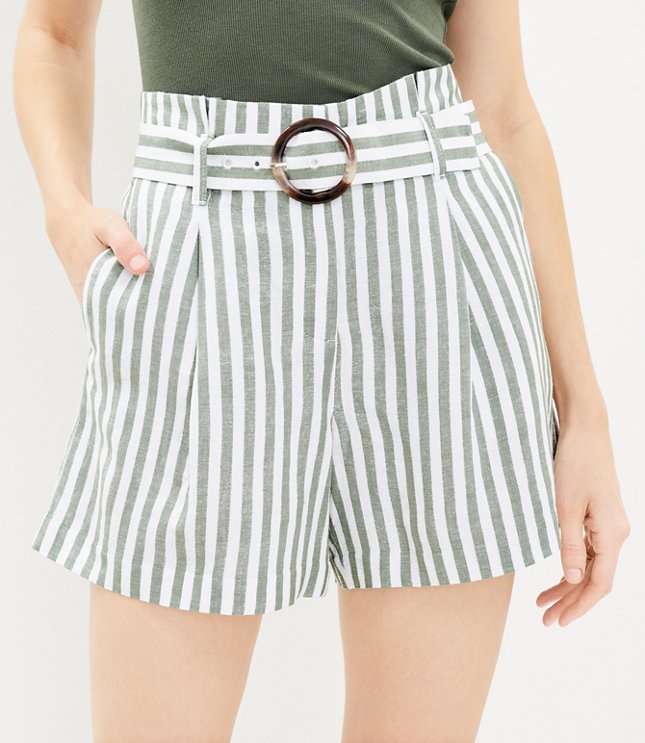 Petite Belted Shorts in Striped Linen Blend