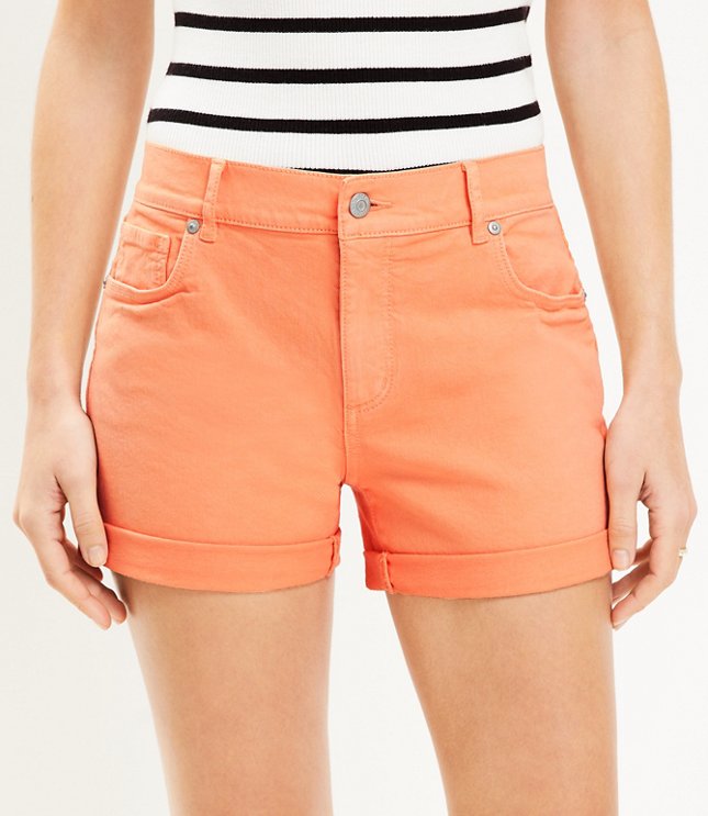 Petite Mid Rise Denim Roll Shorts in Melon Ice