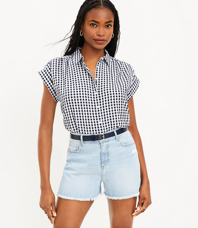 Petite High Rise Paperbag Pull On Denim Shorts in Stripe