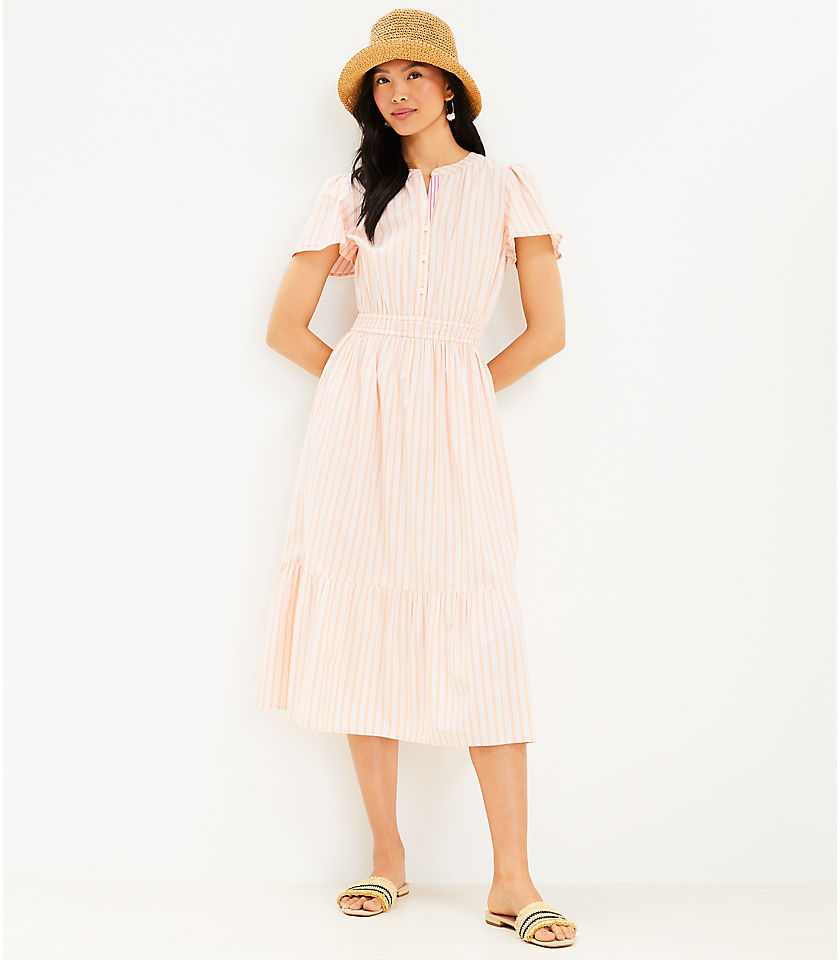 Petite Stripe Smocked Waist Button Midi Dress