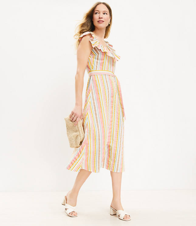 Petite Striped Ruffle Scoop Neck Midi Dress