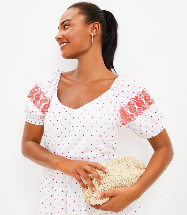 Petite Dot Embroidered Tiered Swing Dress