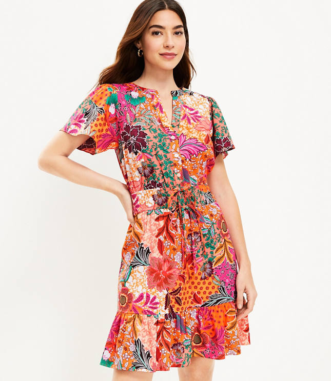 Tall Patchwork Bloom Smocked Tie Waist Dress