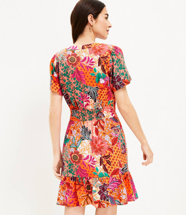 Petite Patchwork Bloom Smocked Tie Waist Dress