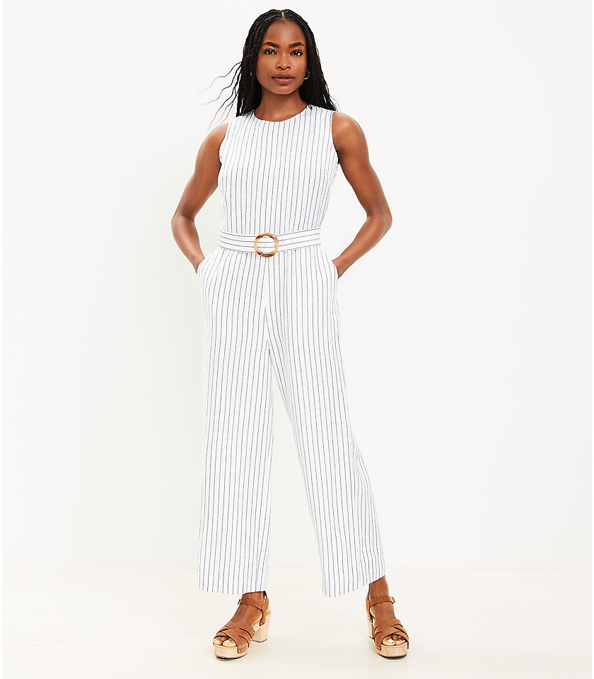 Petite Stripe Linen Blend Belted Sleeveless Jumpsuit