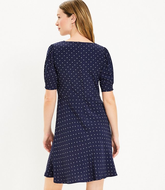 Petite Dotted Puff Sleeve V-Neck Dress