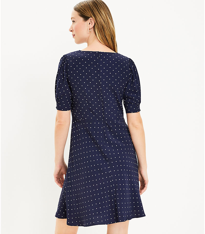 Petite Dotted Puff Sleeve V-Neck Dress