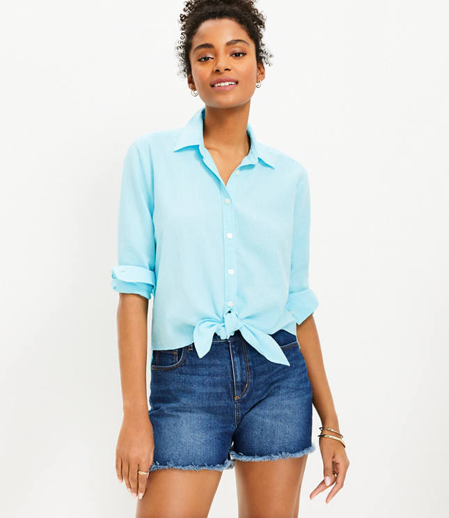 Linen Blend Tie Front Everyday Shirt