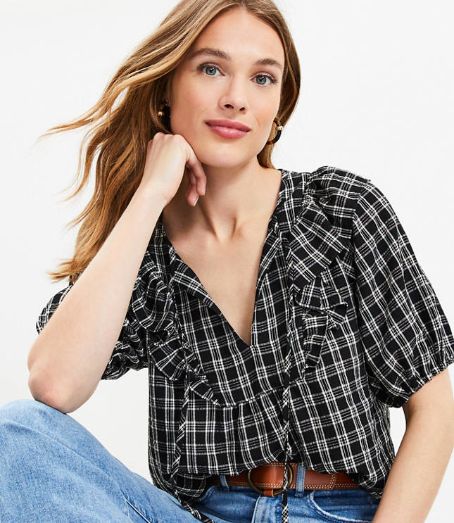 Plaid Ruffle Bib Tie Neck Blouse