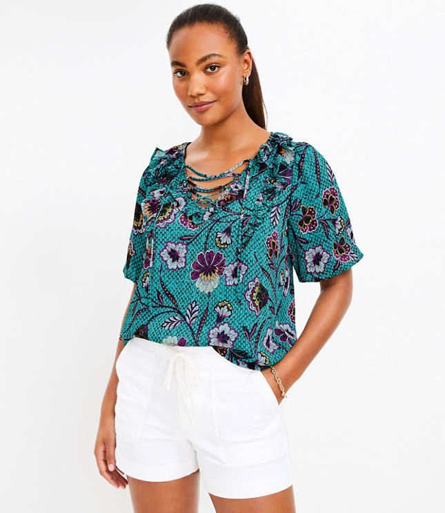 Botanical Lace Up Ruffle Top