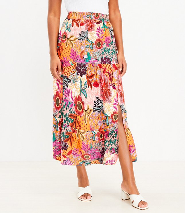 Petite Patchwork Bloom Tiered Slit Maxi Skirt