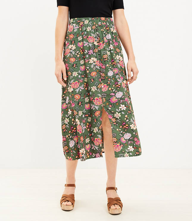Petite Country Garden Button Pull On Midi Skirt
