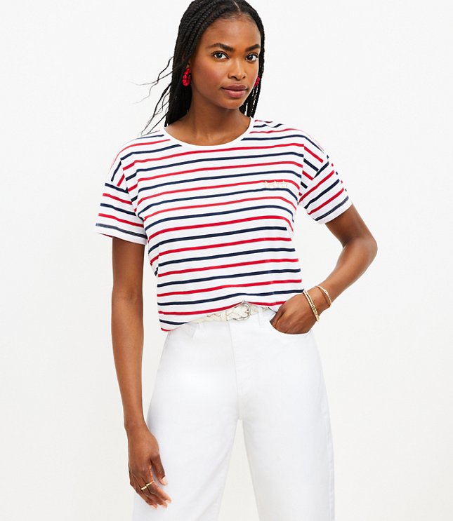 Petite Star Embroidered Stripe Relaxed Crew Tee