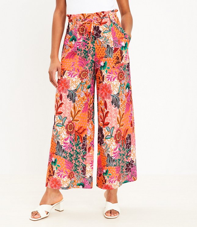 Petite Pull On Linen Blend Wide Leg Pants in Patchwork Bloom