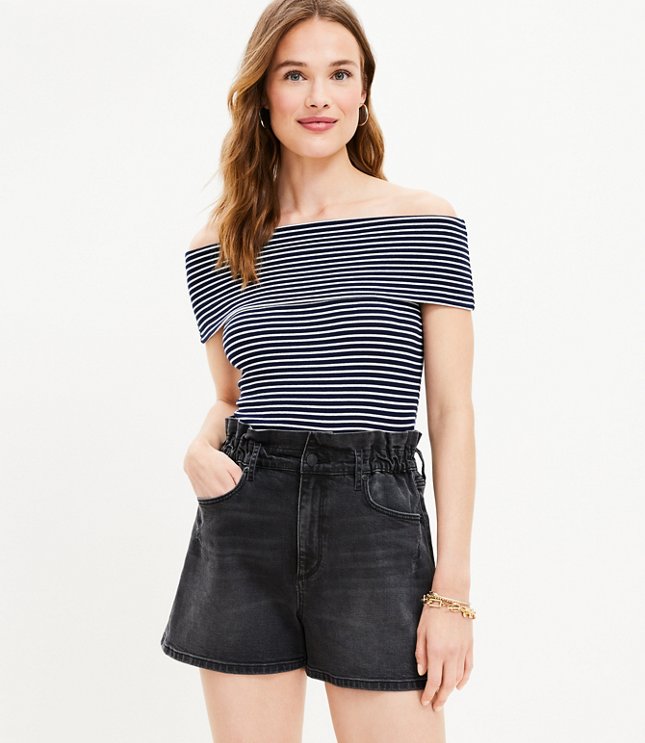 Petite High Rise Paperbag Pull On Denim Shorts in Washed Black Wash