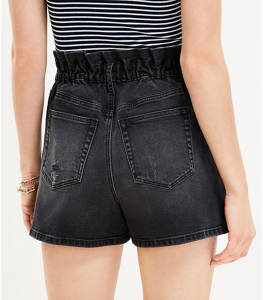 Petite High Rise Paperbag Pull On Denim Shorts in Washed Black Wash