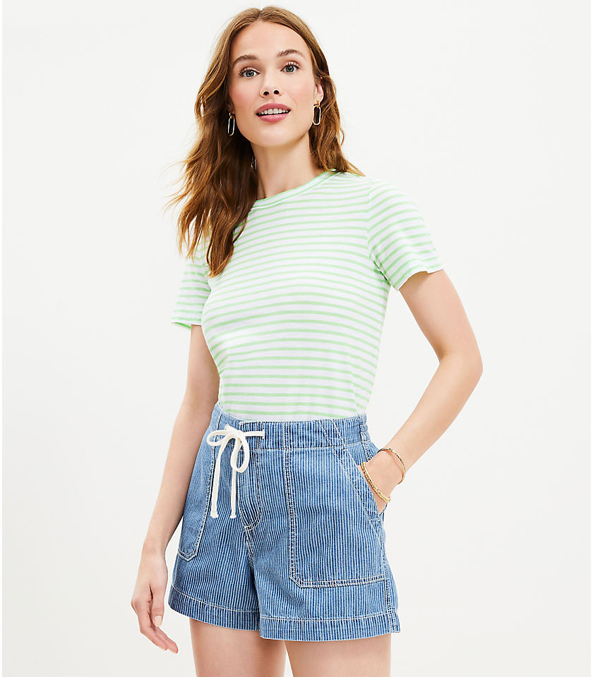 Petite Denim Utility Shorts in Blue White Stripe