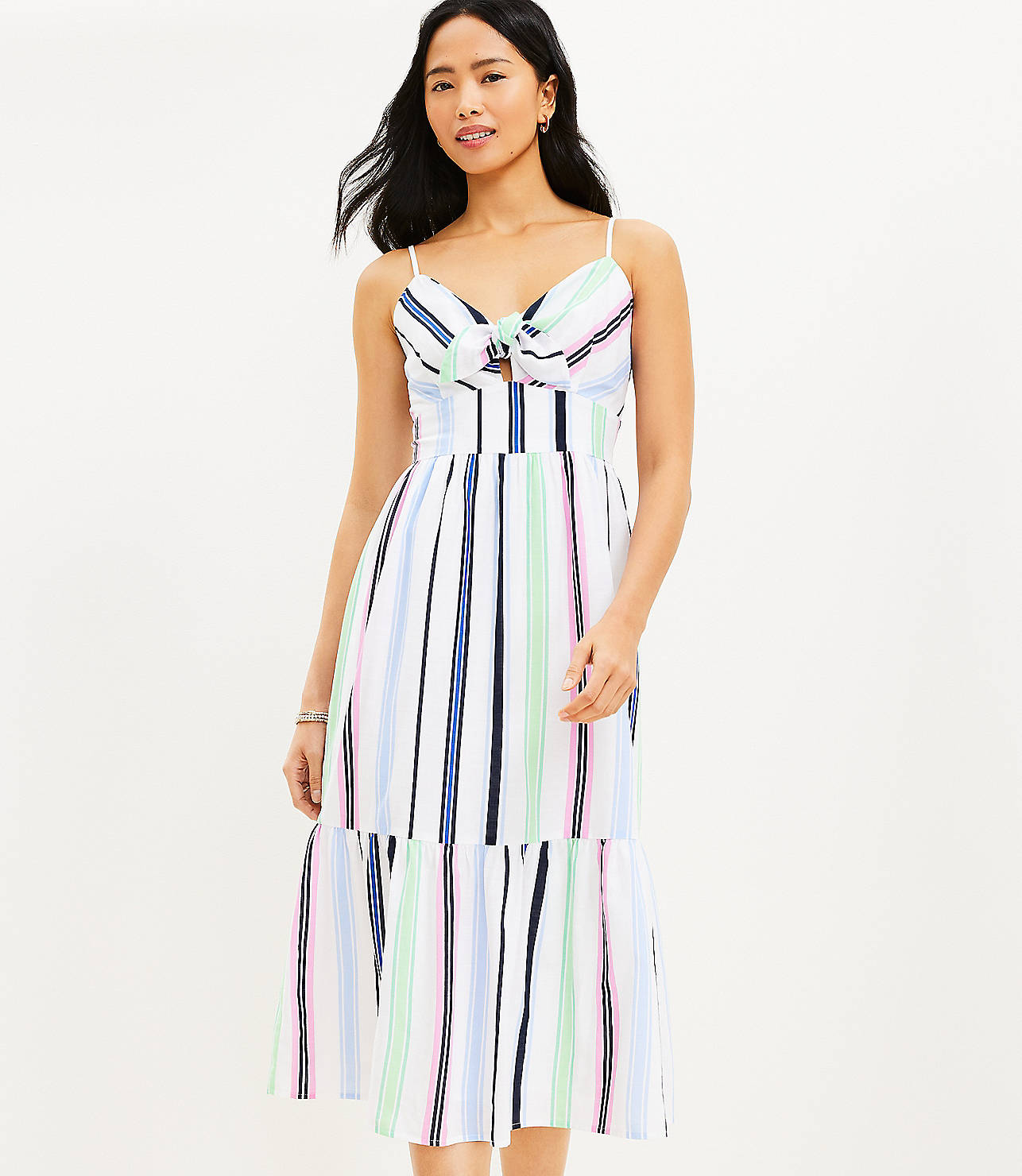Petite Striped Tie Front Strappy Midi Dress