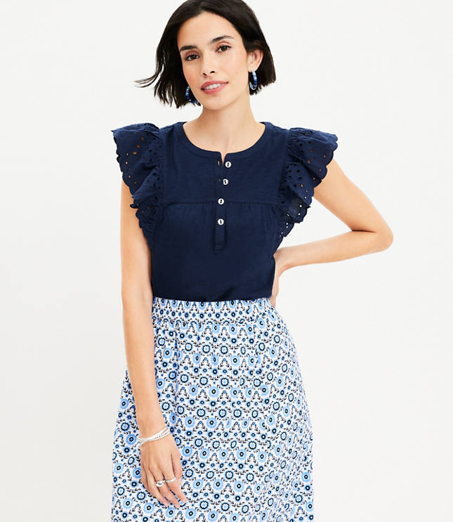 Petite Eyelet Flutter Henley Mixed Media Top