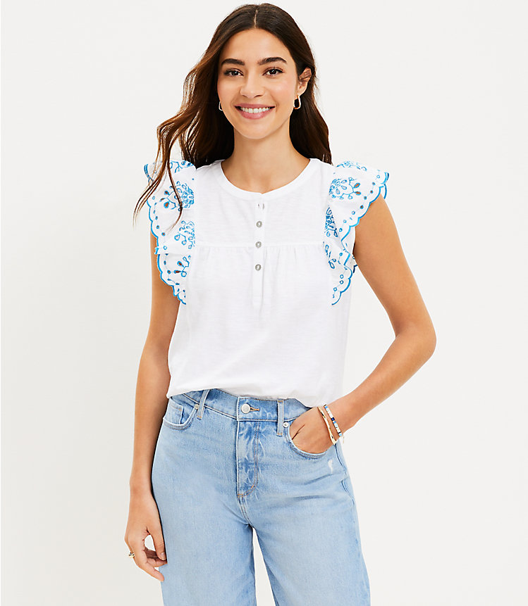 Petite Eyelet Flutter Henley Mixed Media Top image number null