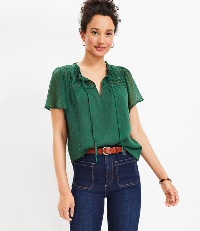 Clip Ruched Ruffle Tie Neck Top
