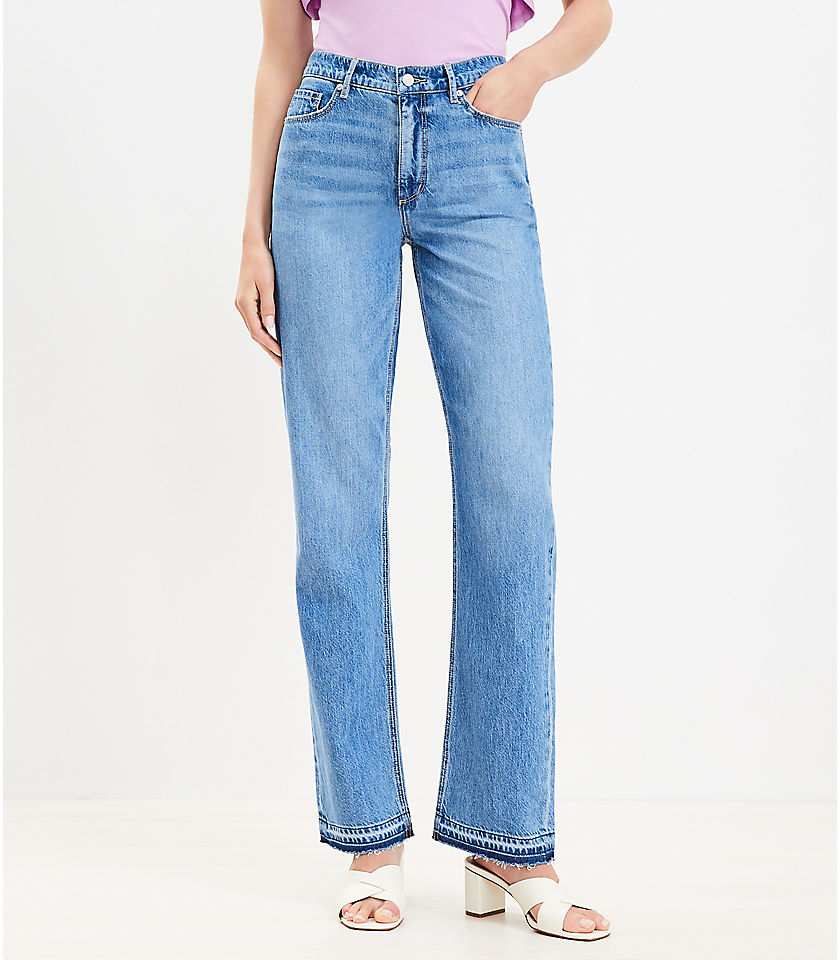 Petite Let Down Hem High Rise Full Length Straight Jeans in Destructed Mid Stone Wash