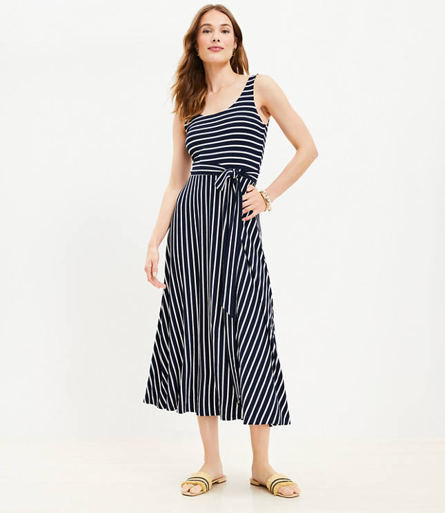 Petite Striped Scoop Neck Midi Dress