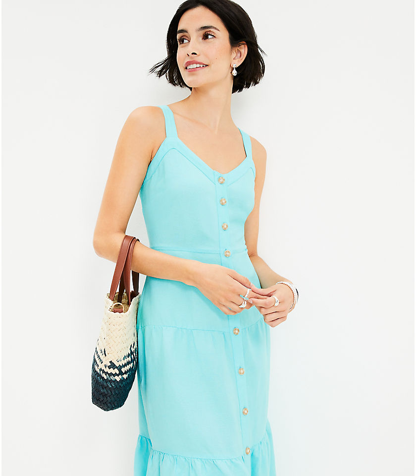 Petite Linen Blend Strappy Button Tiered Midi Dress