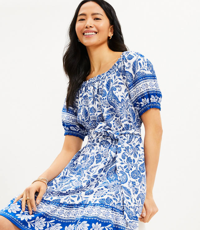 Petite Paisley Ruffle Off The Shoulder Dress