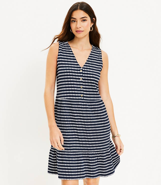 Petite Jacquard Button V-Neck Swing Dress