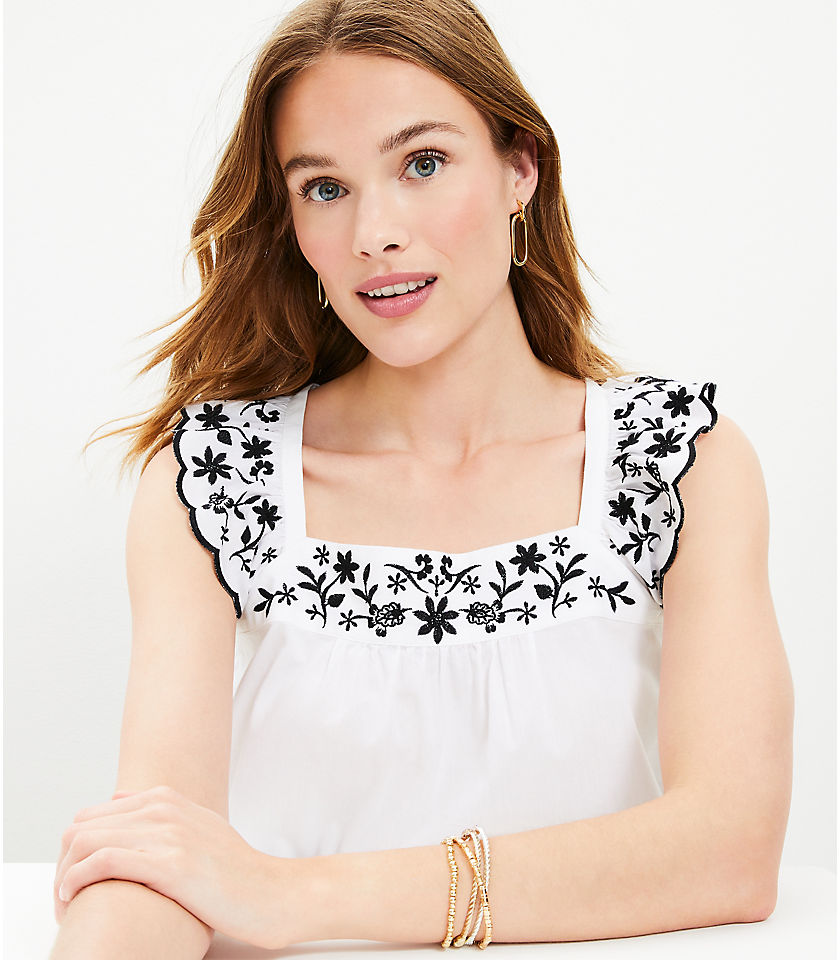 Petite Embroidered Flutter Square Neck Shell