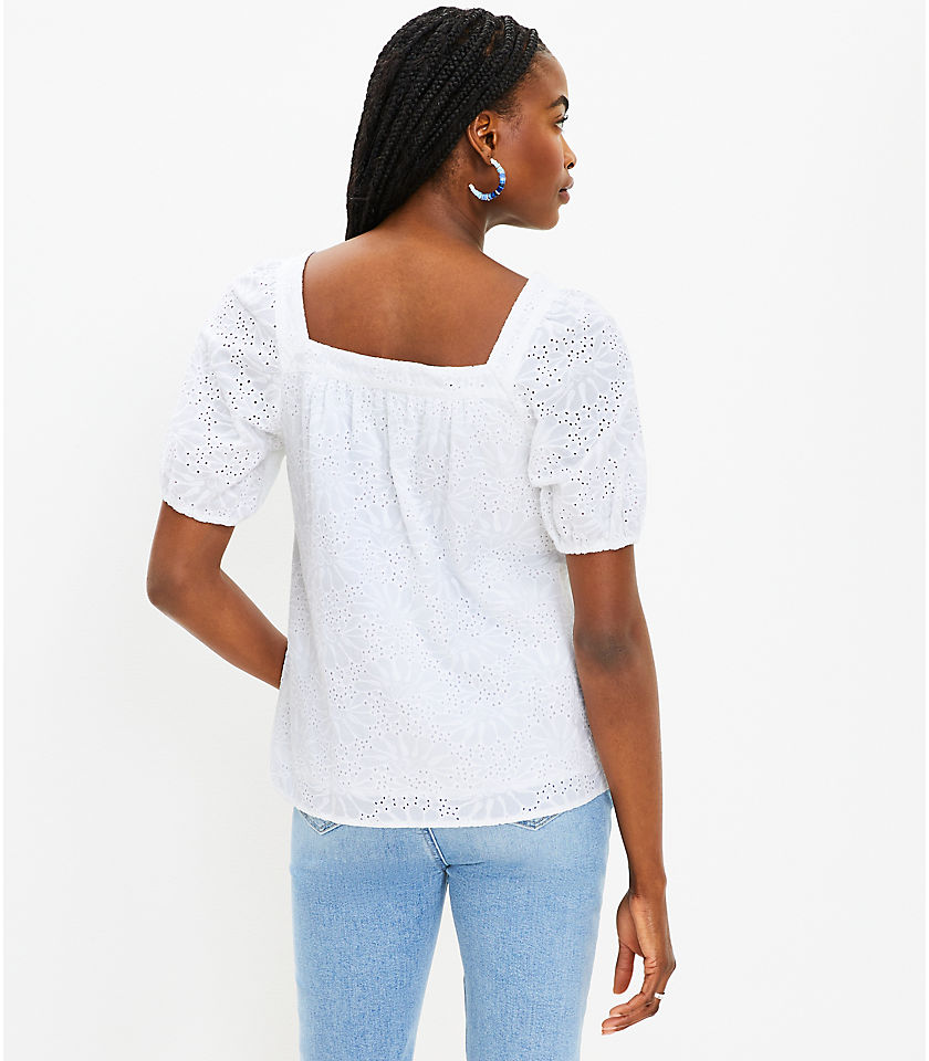 Eyelet Bubble Sleeve Square Neck Top