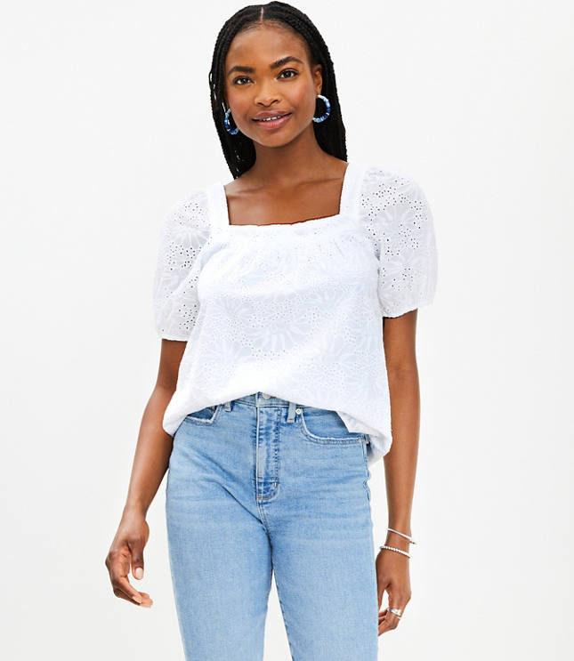 Petite Eyelet Bubble Sleeve Square Neck Top