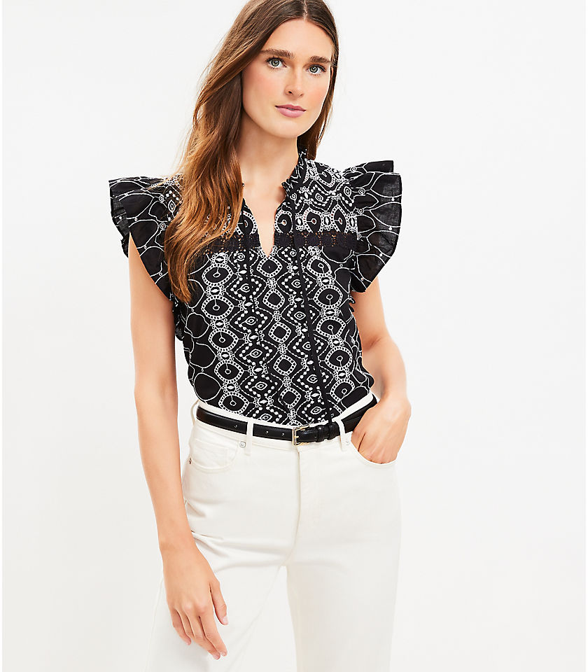 Petite Embroidered Ruffle Tie Neck Top
